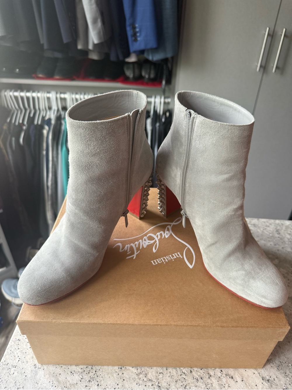Christian Louboutin Light Gray Suede Ankle Booties with Red Soles